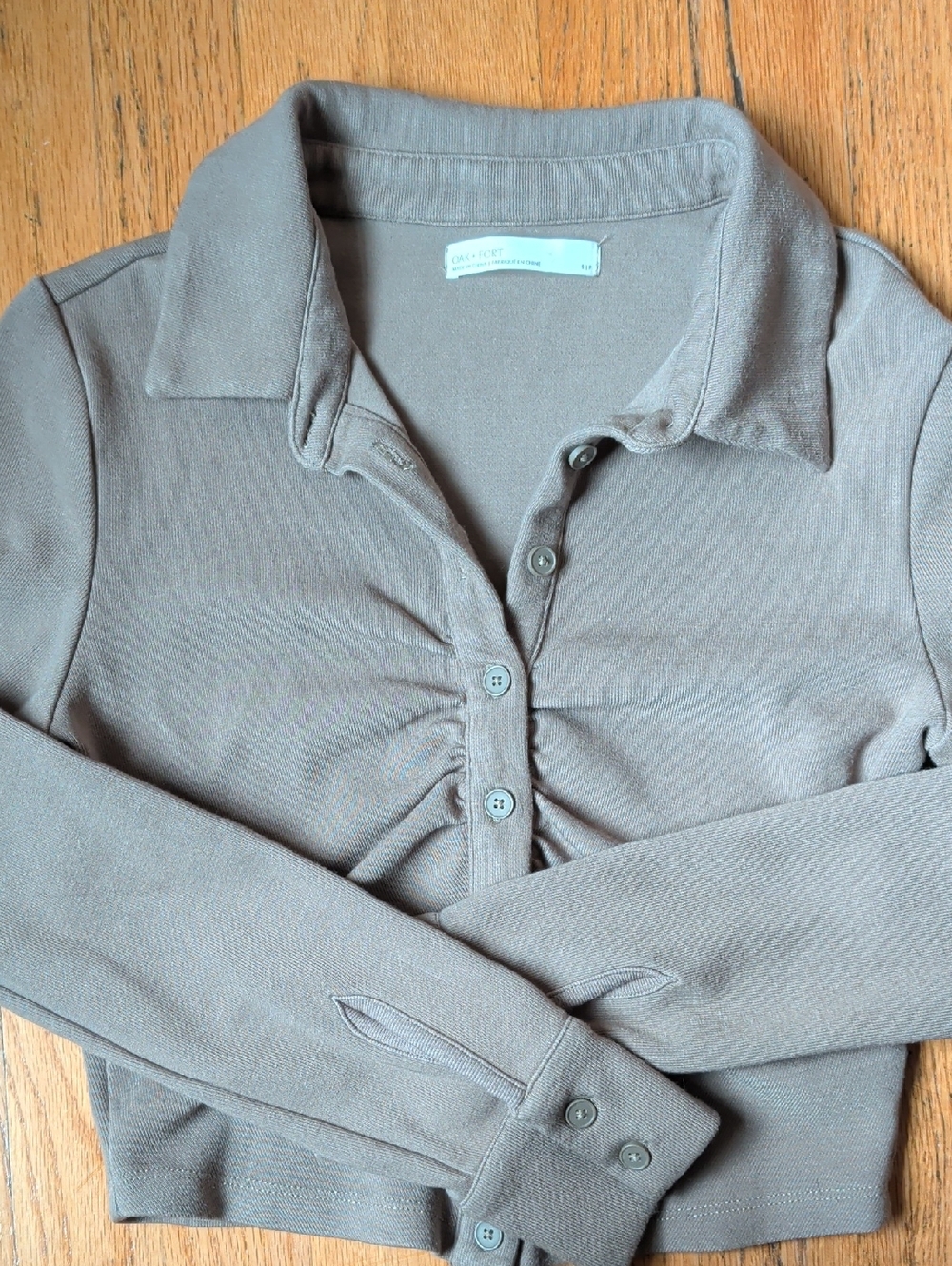 OAK + FORT Cropped Button-Front Polo Top in Taupe